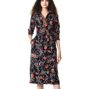 eShakti Floral Print Crepe Piped Trim Shirtdress